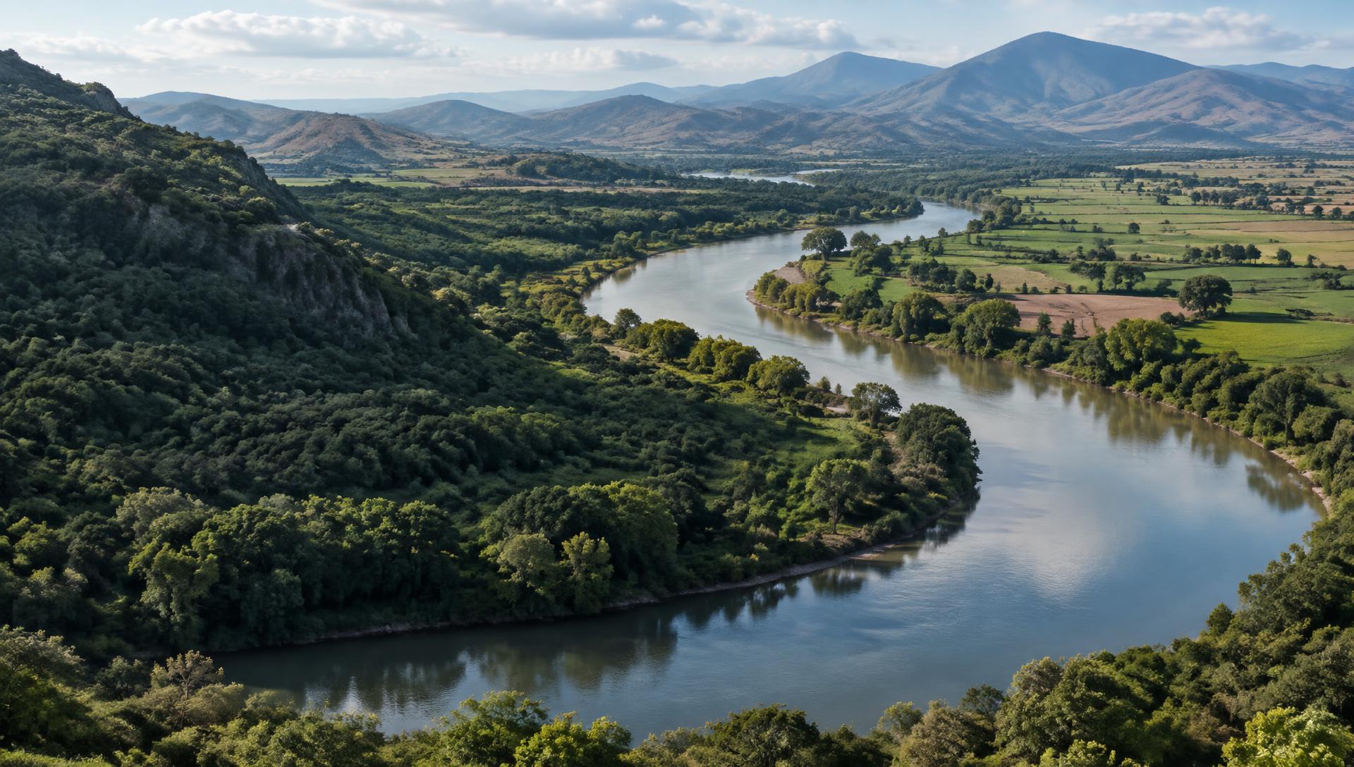 Paisaje conceptual de la cuenca: río entre campos y vegetación ribereña